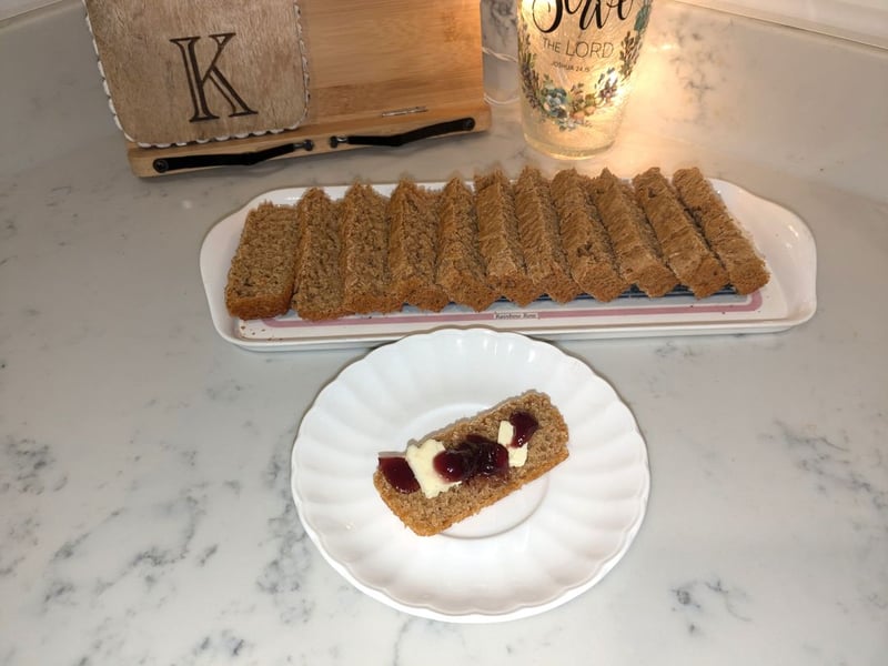 Final Einkorn Sandwich Bread with Cream Cheese Spread and raspberry jelly